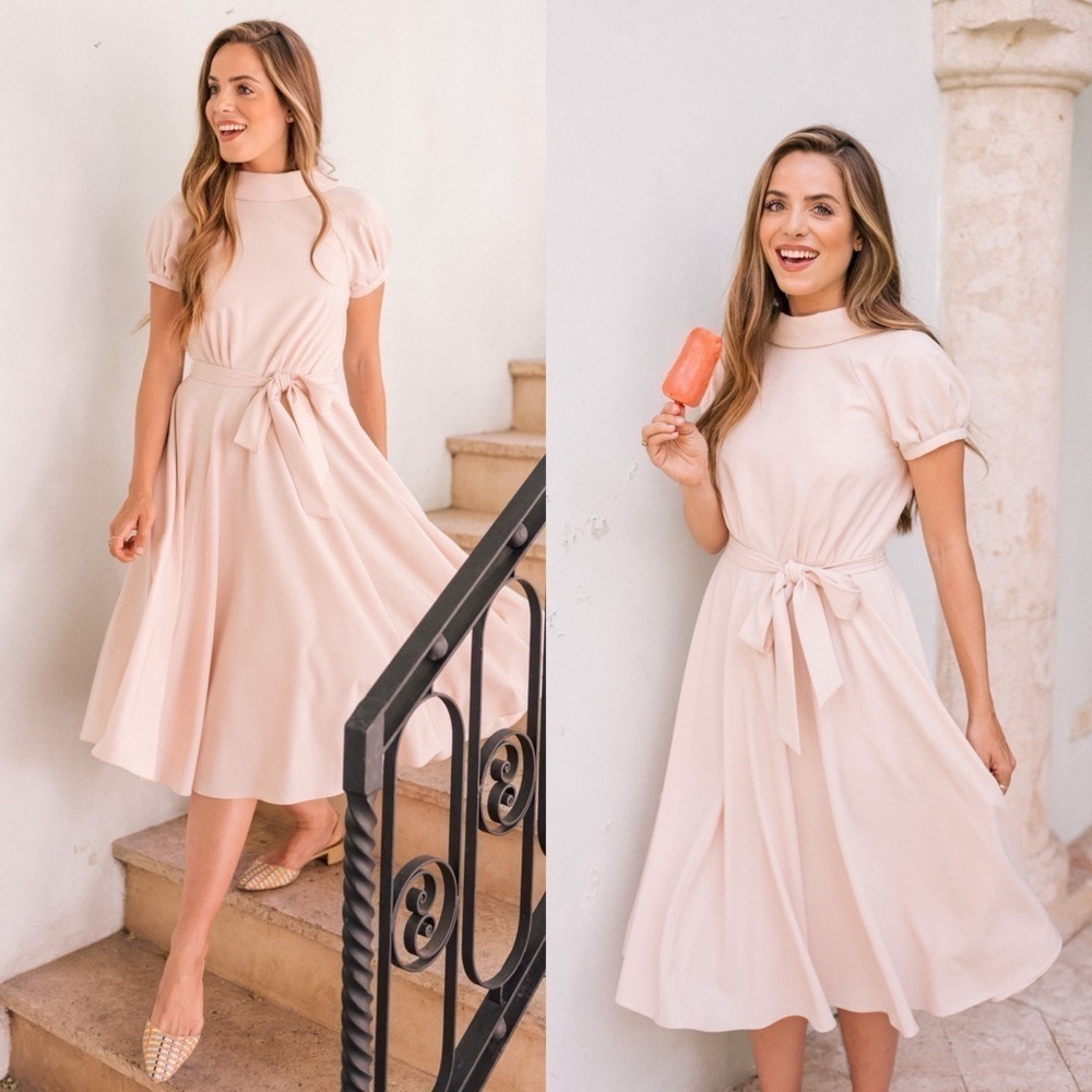 GAL MEETS GLAM ELEANOR PUFF SLEEVE TIE WAIST CREAM SATIN TWILL DRESS